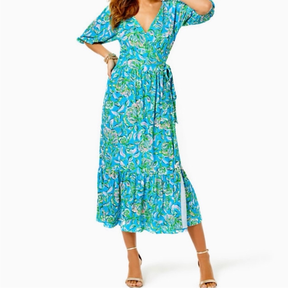 NWT Lilly Pulitzer Brantley Midi Wrap Dress Cumulus Blue Chick Magnet Small